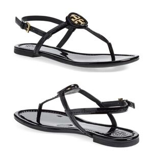 TORY BURCH Dillan Black Patent Leather Slingback Flat Sandals Women’s Size 8